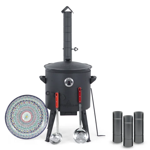 Utschak Feuerofen Ø 40 cm + Gusseisen-Kasan 12 L, runder Boden + Küchenzubehör, Usbekischer Kochtopf aus Gusseisen