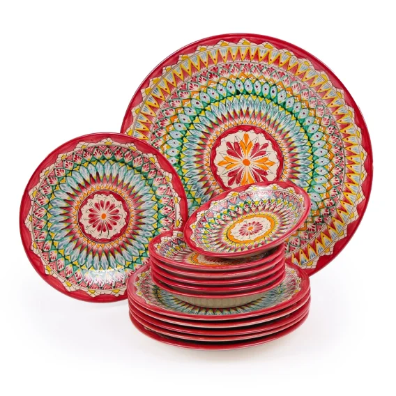 Plow-Geschirrset – Mehrob Rot – MSV2 – RA – Rishtan Keramik, 13-teilig