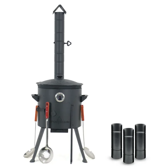 Utschak Feuerofen Ø 36 cm + Gusseisen-Kasan 10 L, flacher Boden + Küchenzubehör, Usbekischer Kochtopf aus Gusseisen