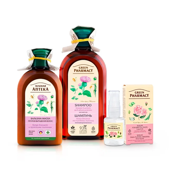 Haarset - Kletten- und Weizenproteine, gegen Haarausfall, Shampoo + Spülung + Serum, Grüne Apotheke