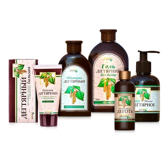 Körperset - Teer, Duschgel + Körperbalsam + Flüssigseife + Shampoo + Birkenteer, Golden Pharm