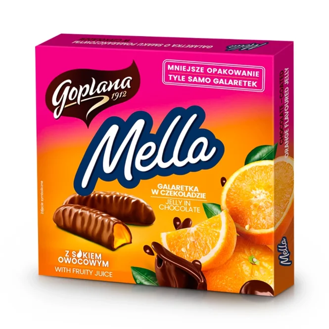 Gelee-Konfekt - Mella, mit Orangengeschmack, in Schokolade, 190 g    