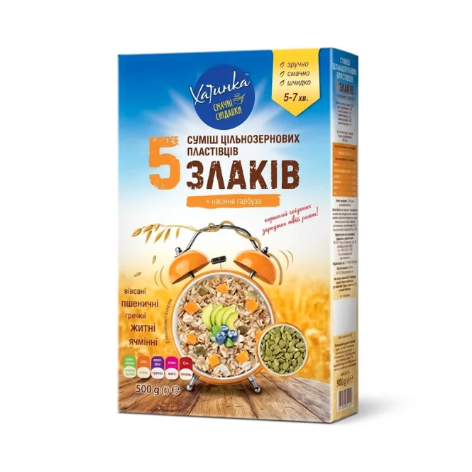 Смесь зерновых хлопьев 5 злаков + семена тыквы, Хатинка, 500 г