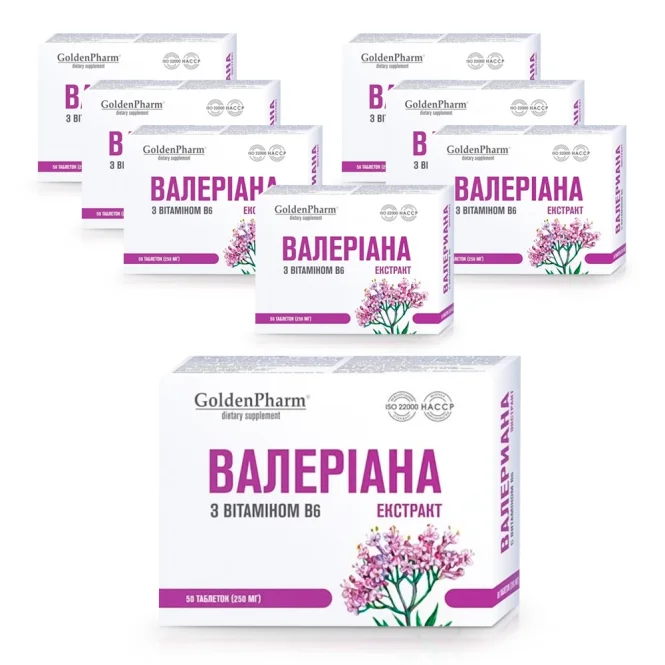 Экстракт валерианы с витамином В6, Golden Pharm, 50 таблеток х 8 шт.