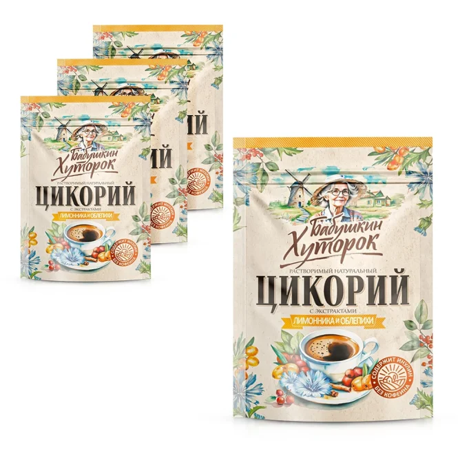 Zichorien-Pulver mit Chinesischem Spaltkörbchen- und Sanddorn-Extrakten, Zip-Lock, Babuschkin Hutorok,100g х 4