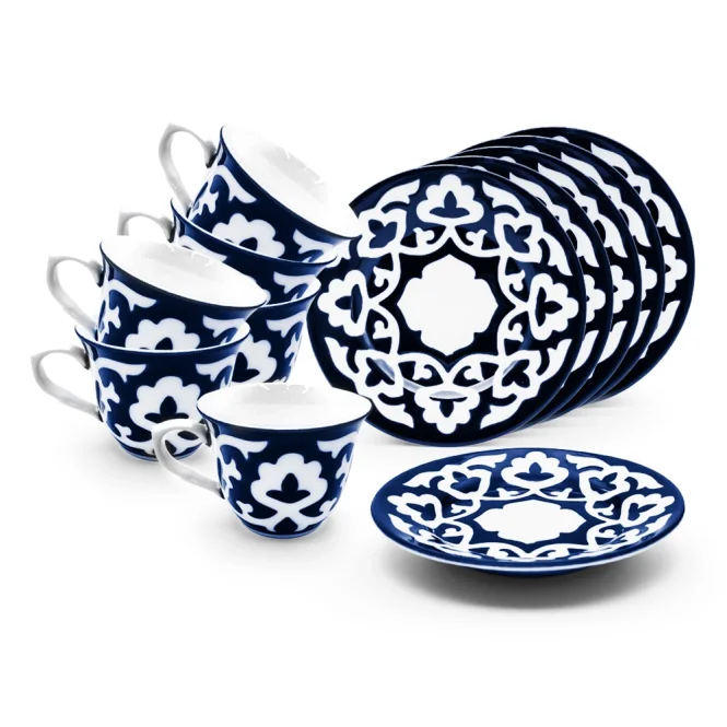 Usbekisches Porzellan-Set Pahta Gul Tulpen-Form, 12-teilig, 6 Teebecher 220 ml & 6 Teller Ø 12 cm