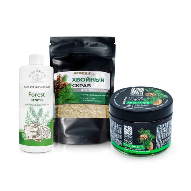 Set für die Sauna - Nadelduft, Körperpeeling + Aromaaufguss + dicke Seife