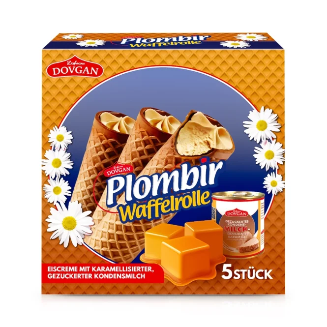 Eis - Plombir Waffelrolle, mit karamellisierter gezuckerter Kondensmilch, Dovgan, 5 x 95 ml