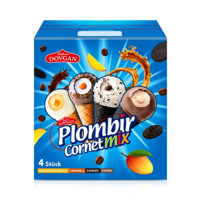 Мороженое - Cornet Mix, со вкусом манго, карамели, печенья и кофе, Dovgan, 4 шт, 440 мл