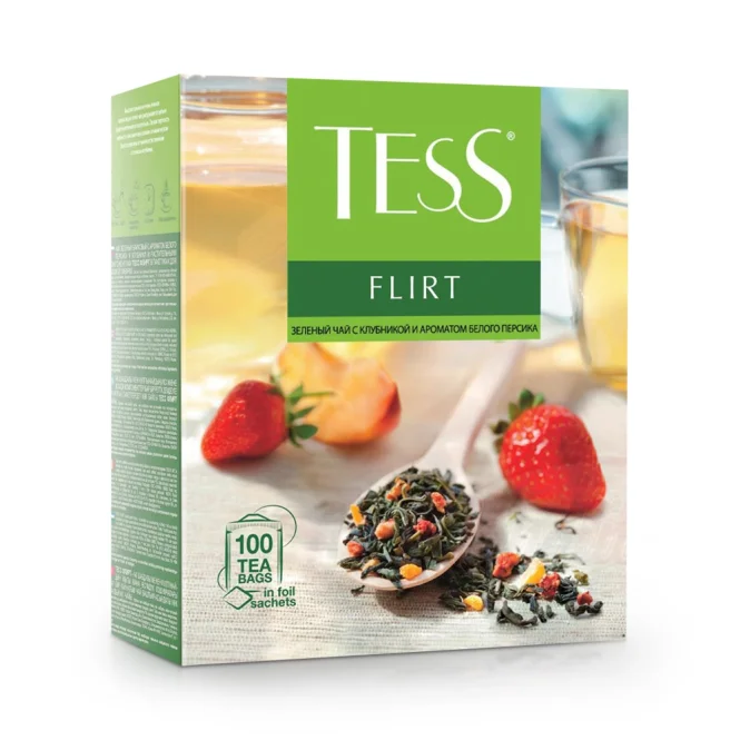 Grüner chinesischer Tee - Flirt, mit Weißer Pfirsich- und Erdbeerearoma, 100 Teebeutel, 150 g