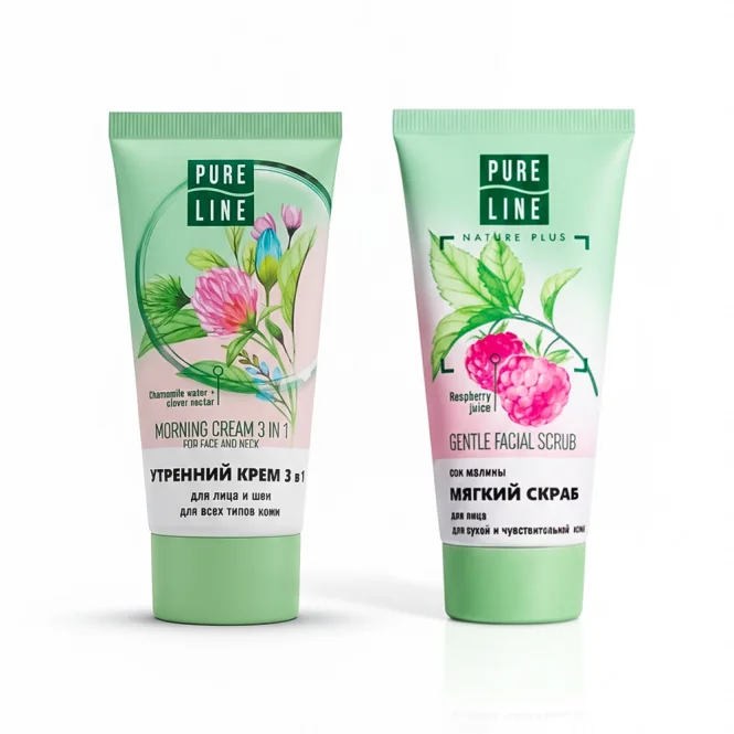 Набор для лица - Ежедневный уход, мягкий скраб + утренний крем 3 в 1, Pure Line