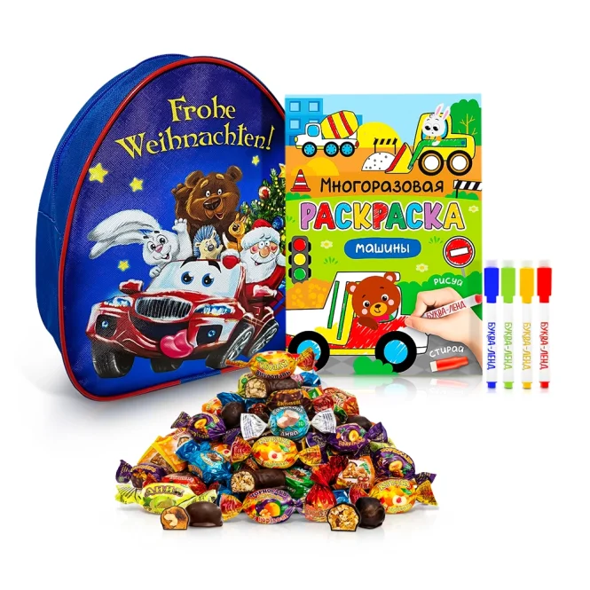 Подарочный рюкзак с конфетами и раскраской - Друзья на тачке, 20 х 23 см