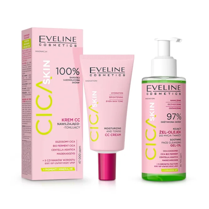 Gesichtsset - Reinigung und Feuchtigkeit, Waschgel-Öl + CC-Creme, Cica Skin, Eveline Cosmetics