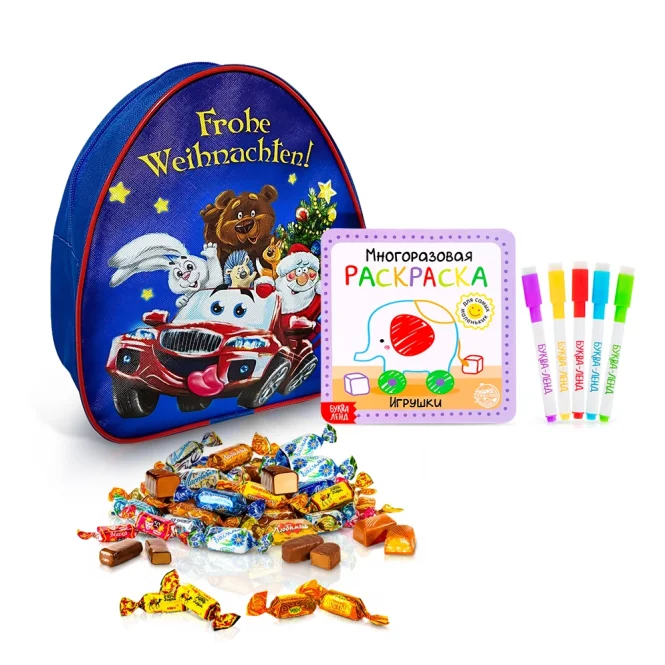 Подарочный рюкзак с конфетами и раскраской - Друзья на тачке, 20 х 23 см