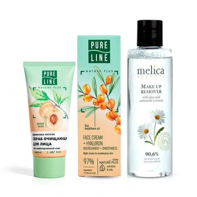 Набор для лица - Вечерний уход, средство для снятия макияжа + скраб + ночной крем