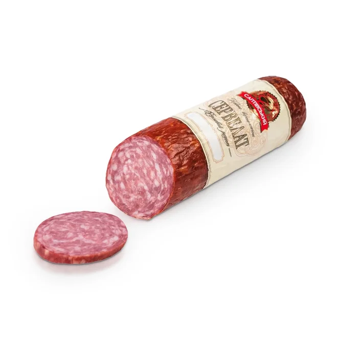 Wurst Serwelat, aus Schweine- und Rindfleisch, geräuchert, Saltiwski Mjasokombinat, 450 g