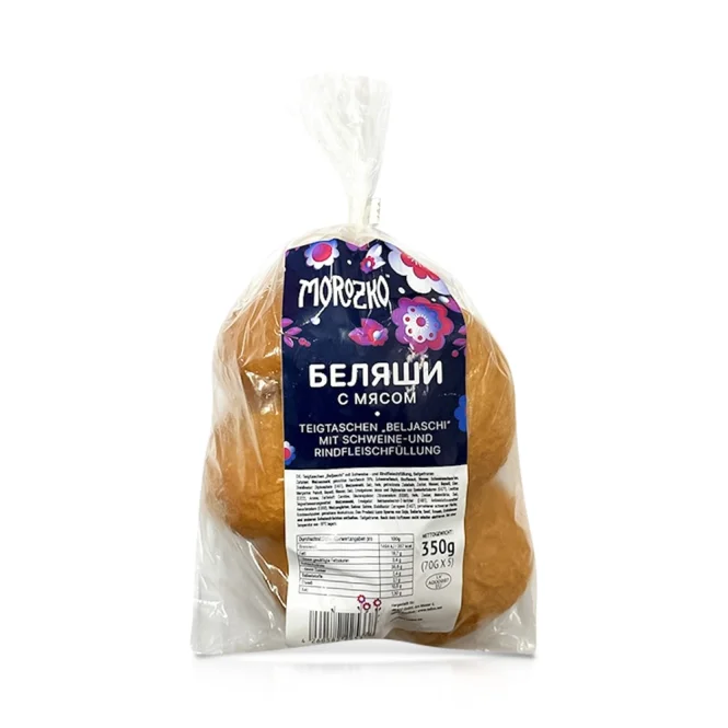 Beljaschi, Hefeteigtaschen, mit Schweine- und Rindfleischfüllung, frittiert, Morozko, 350 g