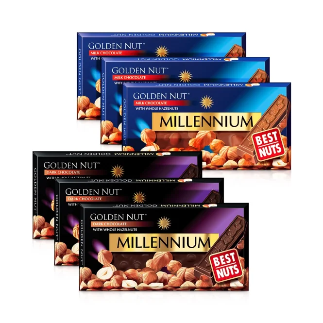 Schokoladen Set - Gold, mit ganzen Haselnüssen, Millennium, 6 х 100 g
