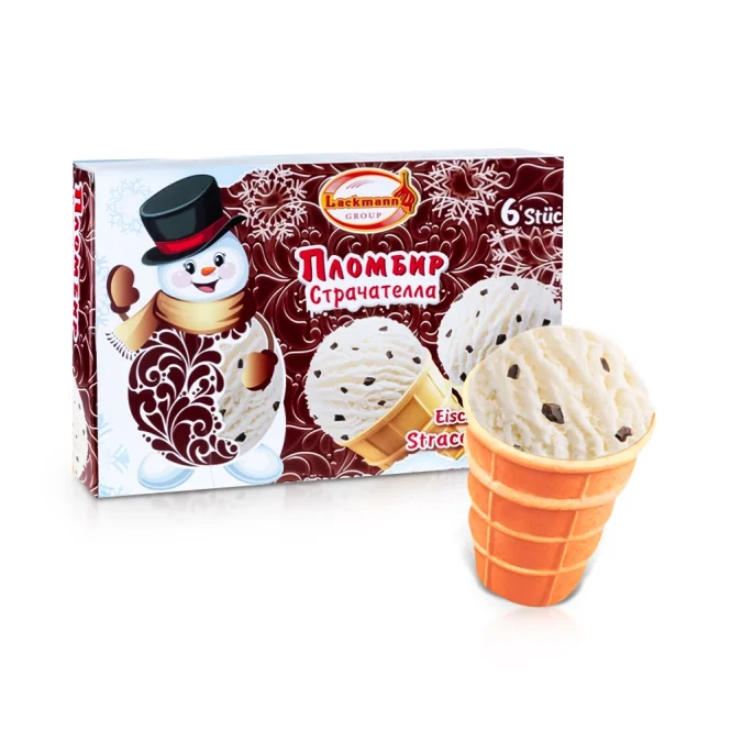  Eis im Waffelbecher - Plombir Stracciatella, mit Schokoladenstückchen, Lackmann, 6 x 65 g