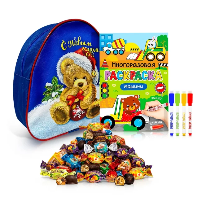 Подарочный рюкзак с конфетами и раскраской - Мишуткины радости, 20 х 23 см