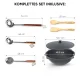 Set - Gusseisenkasan, runder Boden, 22 l, Ø 52,7 cm + Schaumlöffel: 2 Stk. + Schöpfkelle + Spachtel aus Holz + Holzlöffel 