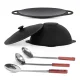 Kasan aus Gusseisen, Aluminiumdeckel, flacher Boden, Ø 36,7 cm, 10 l + Untersetzer + Dreibein + Pfannendeckel Ø 38,5 cm + Küchenzubehör