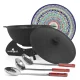 Kasan aus Gusseisen, Aluminiumdeckel, flacher Boden, Ø 36,7 cm, 10 l + Untersetzer + Lagan Ø 32 cm + Küchenzubehör
