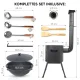 Utschak Feuerofen Ø 36 cm + Gusseisen-Kasan 10 L, runder Boden + Küchenzubehör, Usbekischer Kochtopf aus Gusseisen