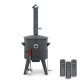 Utschak Feuerofen Ø 44 cm + Gusseisen-Kasan 16 l, Ø 46,5 cm, flacher Boden + Küchenzubehör, Usbekischer Kochtopf aus Gusseisen