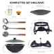 Kasan aus Gusseisen, Aluminiumdeckel, flacher Boden, Ø 36,7 cm, 10 l + Untersetzer + Dreibein + Pfannendeckel Ø 38,5 cm + Küchenzubehör