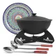 Gusseisen-Kasan, Aluminiumdeckel, runder Boden, Ø 38,5 cm, 10 l + Untergestell + Lagan Ø 37 cm + Küchenutensilien