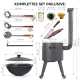 Utschak Feuerofen Ø 44 cm + Gusseisen-Kasan 16 l, Ø 46,5 cm, flacher Boden + Küchenzubehör, Usbekischer Kochtopf aus Gusseisen