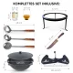 Kasan aus Gusseisen, Aluminiumdeckel, runder Boden, Ø 46,5 cm, 16 l + Untersetzer + Dreibein + Küchenzubehör