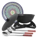 Gusseisen-Kasan, Aluminiumdeckel, runder Boden, Ø 38,5 cm, 10 l + Untergestell + Lagan Ø 37 cm + Küchenutensilien