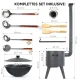 Utschak Feuerofen Ø 49 cm + Gusseisen-Kasan 22 L, flacher Boden + Küchenzubehör, Usbekischer Kochtopf aus Gusseisen
