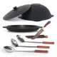 Kasan aus Gusseisen, Aluminiumdeckel, runder Boden, Ø 42,5 cm, 12 l + Untersetzer + Dreibein + Deckelpfanne Ø 42,5 cm + Küchenzubehör