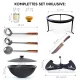 Kasan aus Gusseisen, Aluminiumdeckel, flacher Boden, Ø 46,5 cm, 16 l + Untersetzer + Dreibein + Küchenzubehör